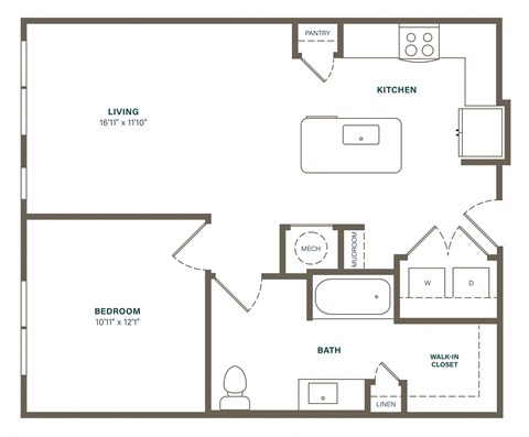 Floor plan for 1 bed, 1 bath, 790 sqft
